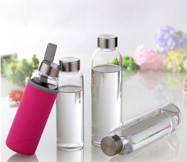 Botella-CRISTAL-y-ACERO-Portátil-Colores-transparente-rosa comprar sin plástico