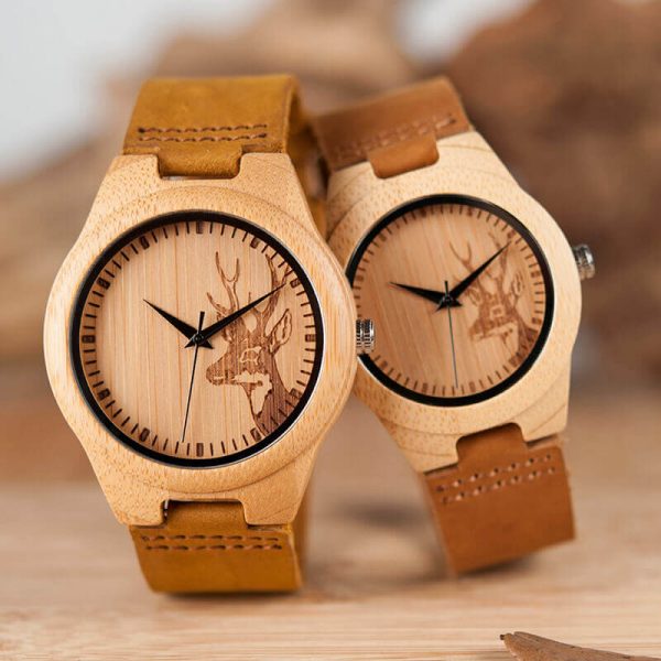 Reloj BAMBÚ Diseño ciervo y correa de CUERO, natural, comprar sin plástico, no contamina, a la moda siempre