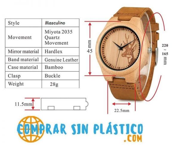 Reloj BAMBÚ Diseño ciervo y correa de CUERO, natural, comprar sin plástico, no contamina, modelo masculino, hombre casual