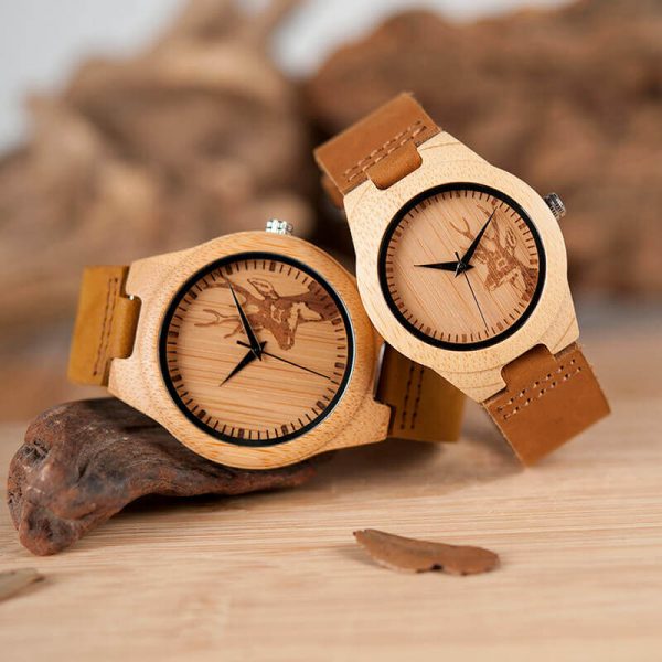 Reloj BAMBÚ Diseño ciervo y correa de CUERO, natural, comprar sin plástico, no contamina, reloj para hombres y mujeres