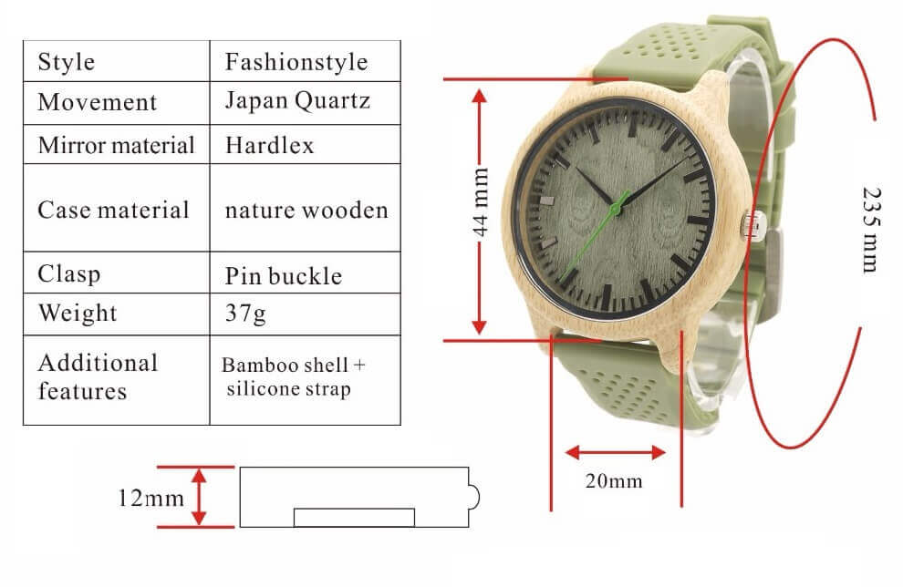 Reloj BAMBÚ y Correa de SILICONA Sándalo Verde, ecológico, sostenible. Comprar Sin Plástico, detalles del reloj de madera