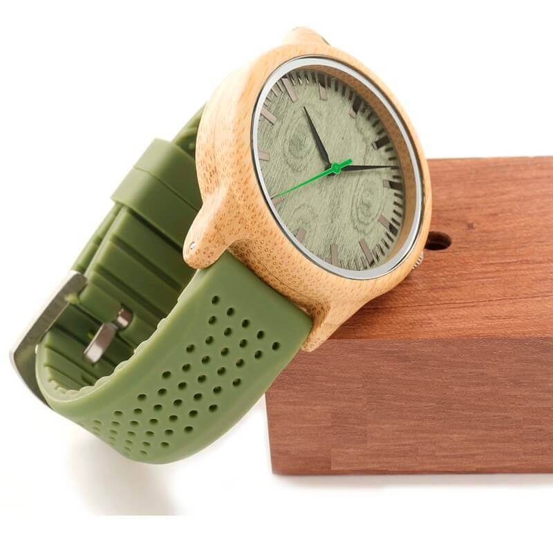 Reloj BAMBÚ y Correa de SILICONA Sándalo Verde, ecológico, sostenible. Comprar Sin Plástico, reloj con caja de regalo