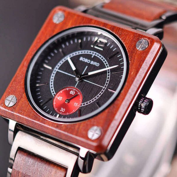 Reloj Cuadrado de MADERA Diseño elegante, comprar sin plástico, moda sostenible, color caoba