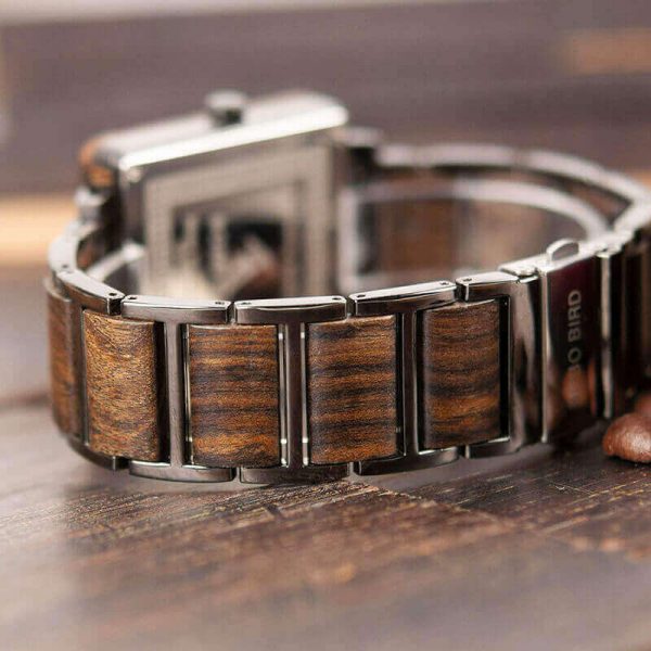 Reloj Cuadrado de MADERA Diseño elegante, comprar sin plástico, moda sostenible, parte de atrás del reloj