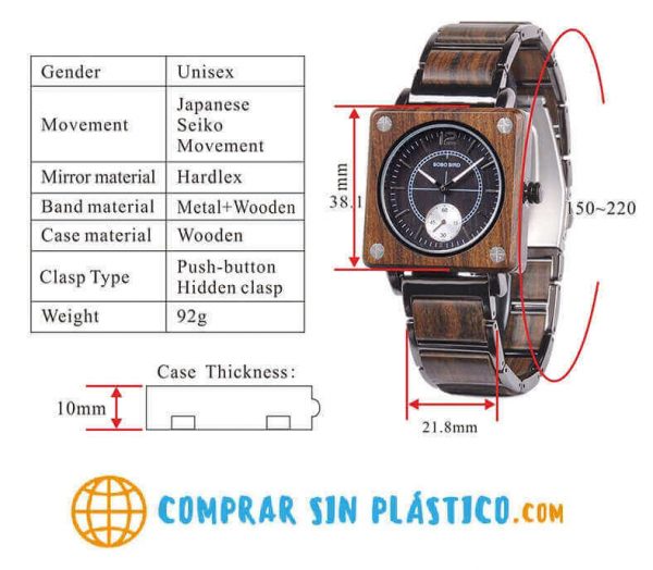 Reloj Cuadrado de MADERA Diseño elegante, comprar sin plástico, moda sostenible, especificaciones técnicas del reloj