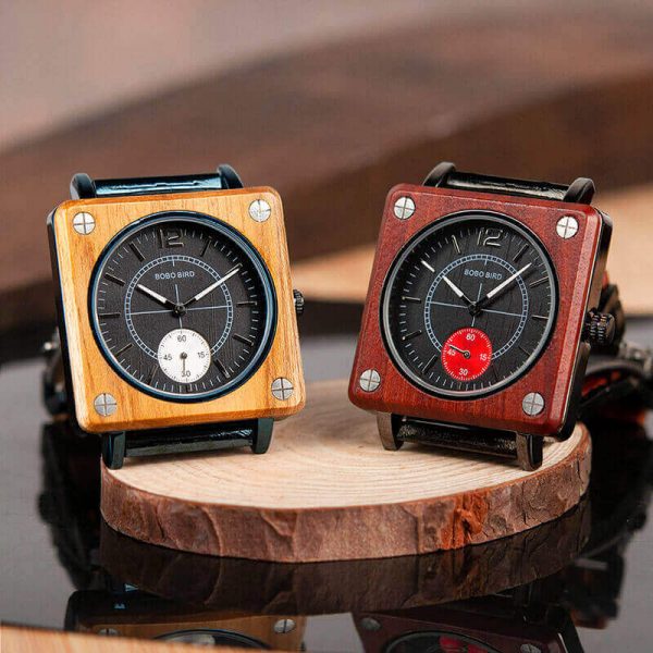 Reloj Cuadrado de MADERA Diseño elegante, comprar sin plástico, moda sostenible, dos colores