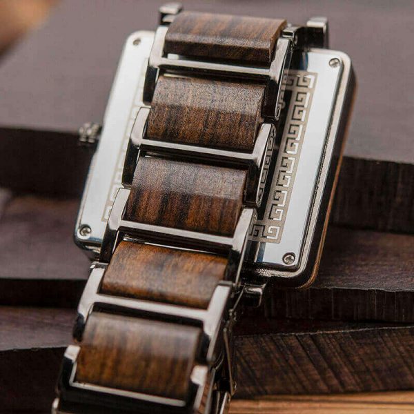 Reloj Cuadrado de MADERA Diseño elegante, comprar sin plástico, moda sostenible, hebilla de atrás