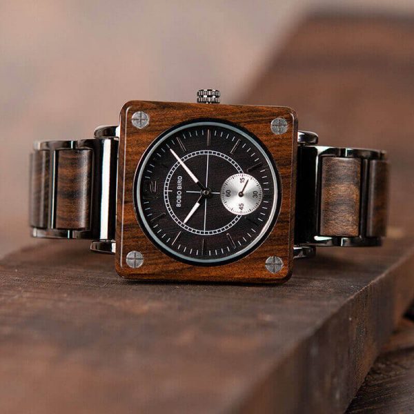 Reloj Cuadrado de MADERA Diseño elegante, comprar sin plástico, moda sostenible, color oscuro reloj