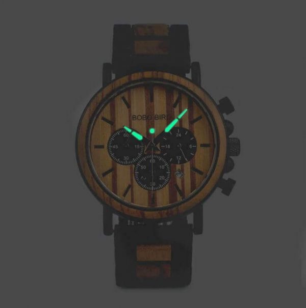 Reloj Informal de MADERA cronógrafo cronómetro y calendario. Comprar SIN Plástico, Reloj que brilla en la oscuridad