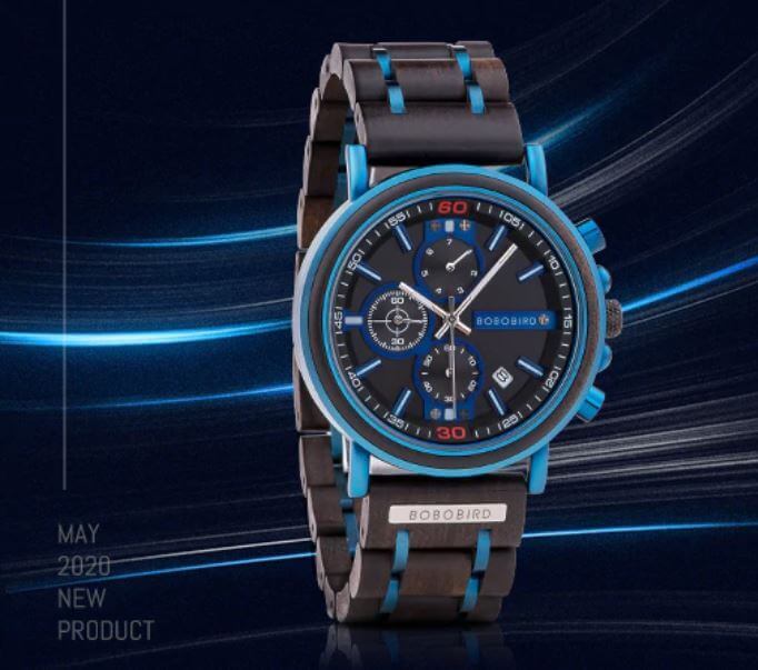 Reloj Militar MADERA Días, dial multifunción, comprar sin plástico, sin plástico, reloj azul