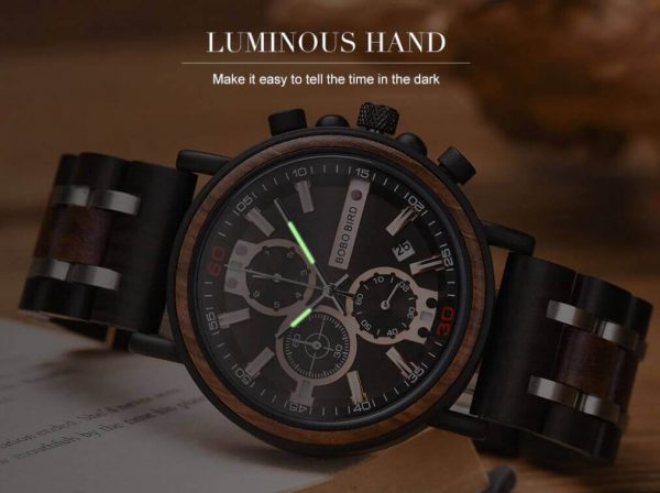 Reloj Militar MADERA Días, dial multifunción, comprar sin plástico, sin plástico, las manecillas brillan en la oscuridad