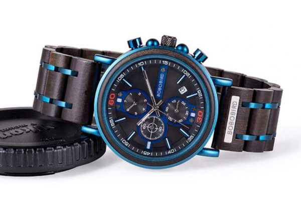 Reloj Militar MADERA Días, dial multifunción, comprar sin plástico, sin plástico, reloj color azul
