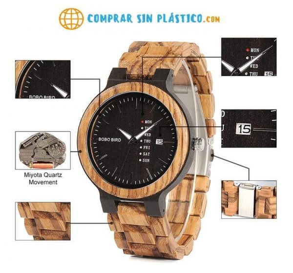 Reloj Moda de MADERA sostenible, sin plástico, natural, comprar sin plástico, mecanismo de cuarzo; muy resistente y duro