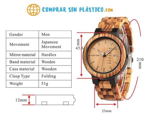 Reloj Moda de MADERA sostenible, sin plástico, natural, comprar sin plástico, mecanismo de cuarzo; medidas sin plástico