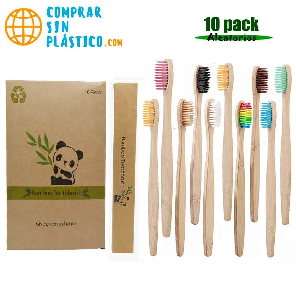 Cepillo Dientes BAMBÚ hilos de colores PACK de 10 cepillos para dientes naturales, sostenibles y reciclables, coleccionables