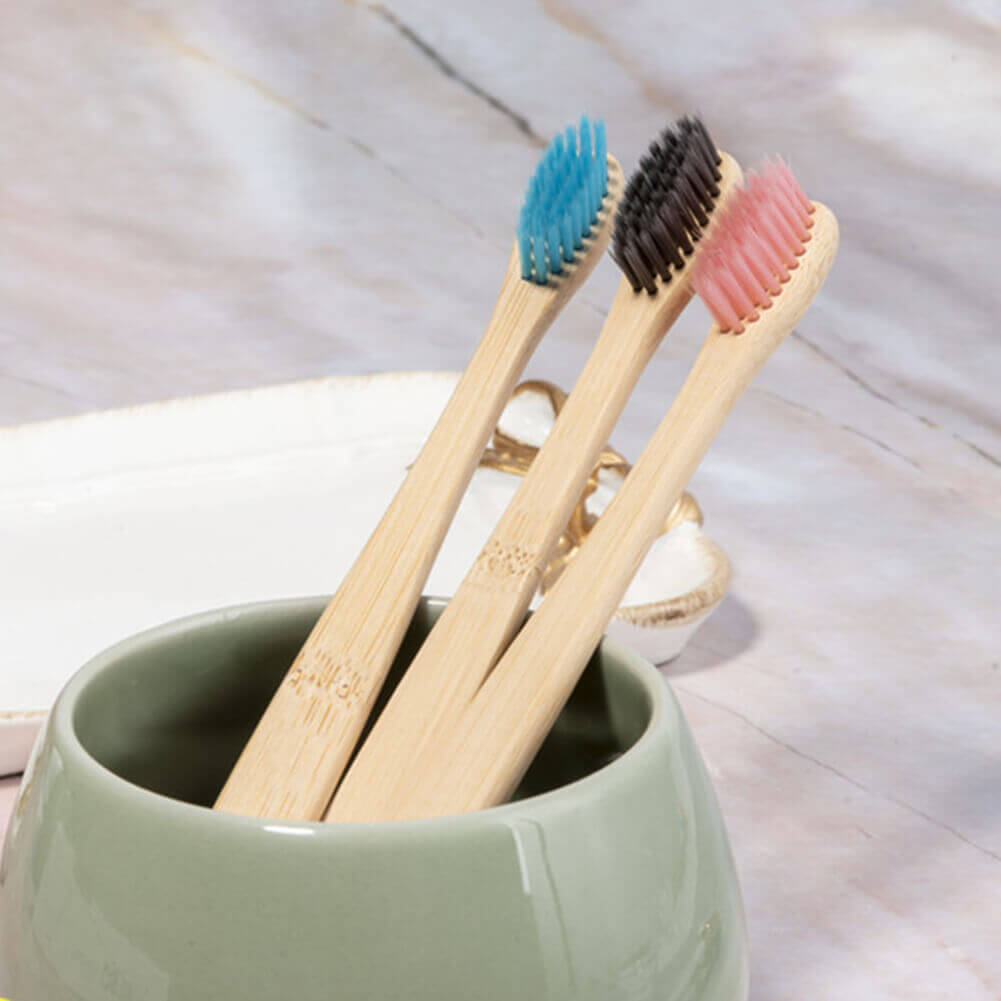Cepillo Dientes BAMBÚ hilos de colores PACK de 10 cepillos para dientes naturales, sostenibles y reciclables, varios colores